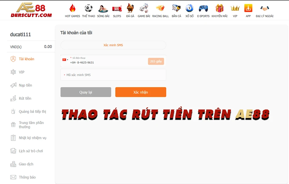 Các bước thao tác rút tiền trên AE88
